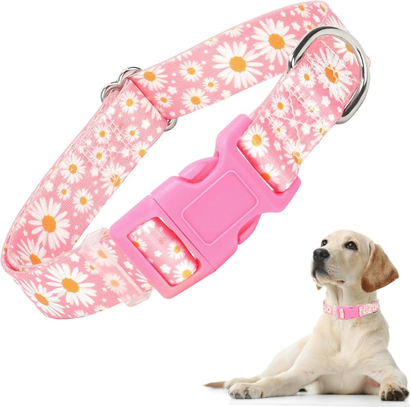 Girl Dog Collars with Daisy Patterns - Cute Pink Adjustable Soft Durable Collars for XS Small Medium Large Dogs (L)