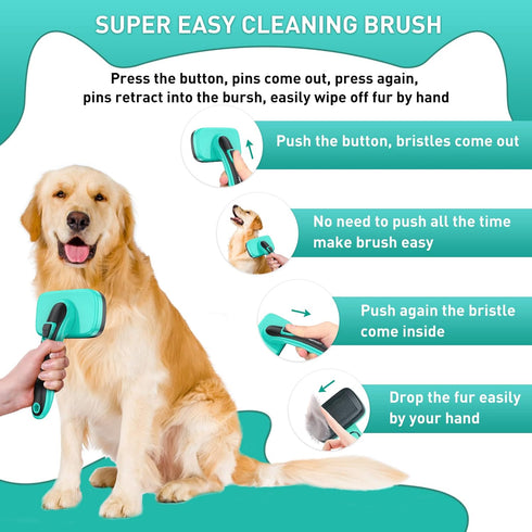 Self-Cleaning Slicker Brush for Dogs & Cats, Safe Painless Bristles, Grooming Set with Free Pet Comb + Nail Clippers