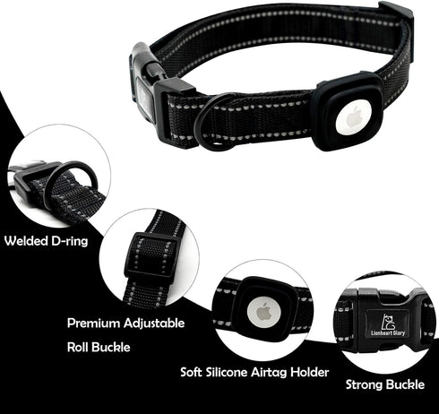 Lionheart Glory Airtag Dog Collar, Reflective Adjustable Durable Soft Collar for Medium Dogs, Pet Gift (Black)