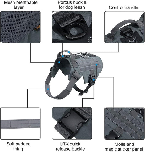 EXCELLENT ELITE SPANKER Tactical Military Dog Harness, Adjustable No-Pull Training Vest with Handle (Gry-S)