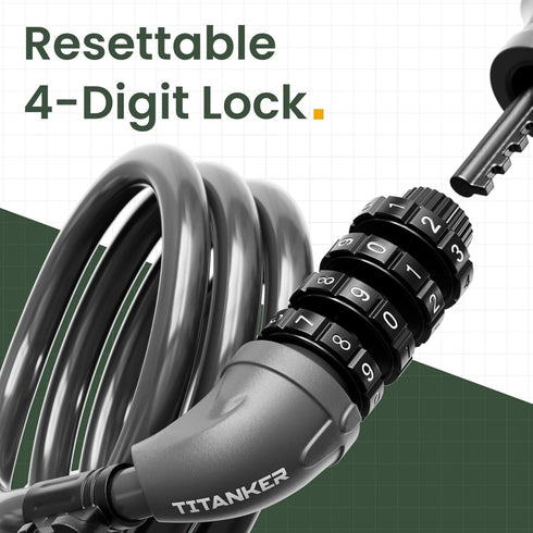 Titanker Bike Lock, 4 Feet Cable Lock, 1/2 Inch Resettable Combination with Mounting Bracket for Bicycles