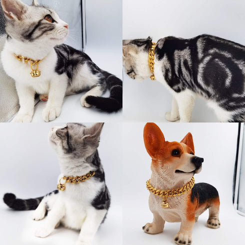 18K Gold Cat Dog Collar, 0.6inch 15mm Wide Stainless Steel Kitten Choker with Bell, Dog Neck 12"-14"