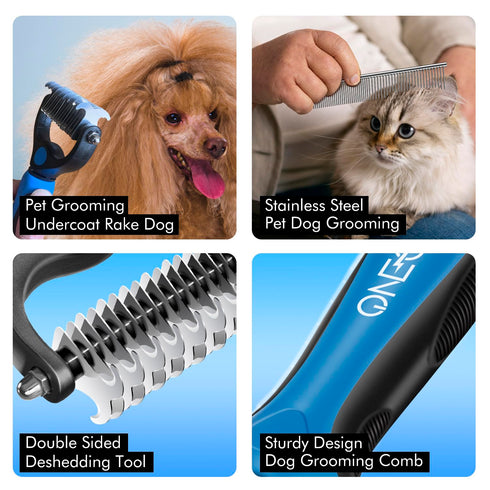 OneCut Pet Grooming Brush and Metal Comb Combo, Double Sided Deshedding Tool for Small, Medium & Large Dogs (Red)