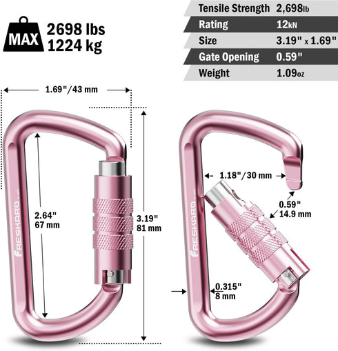 FresKaro 3inch Auto Locking Carabiner Clips, Heavy Duty Keychain Aluminum, Holds 2698lbs, Lightweight, 4 Colors