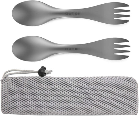 OUTXE Titanium 2 in 1 Fork and Spoon Combo - 2-Pack Ultra Lightweight Camping Utensil, Eco-Friendly Spork