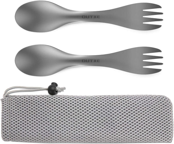 OUTXE Titanium 2 in 1 Fork and Spoon Combo - 2-Pack Ultra Lightweight Camping Utensil, Eco-Friendly Spork