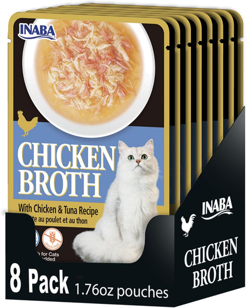 Inaba Chicken Broth, Shredded Chicken & Broth Side Dish/Topper for Cats, 1.76 Ounce Pouch, 8 Pouches