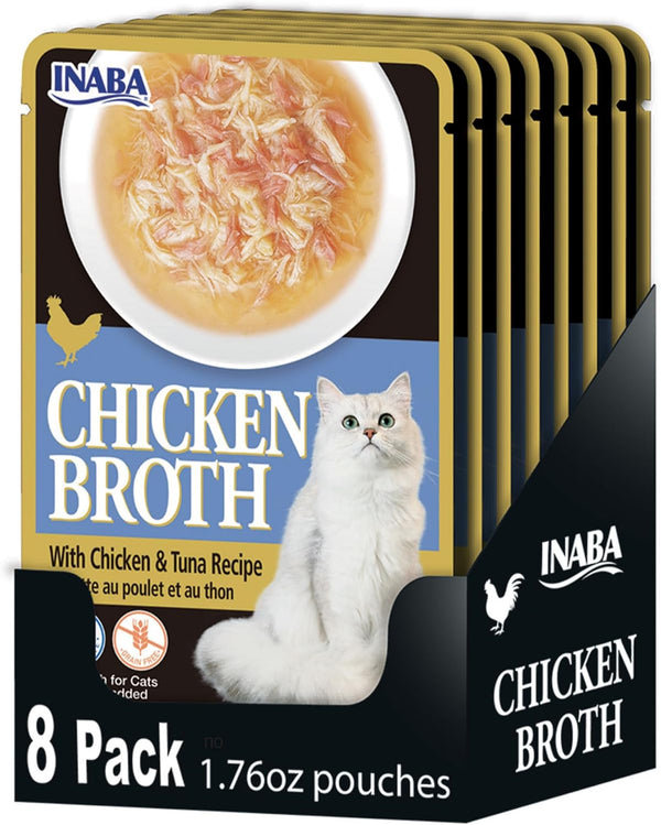 Inaba Chicken Broth, Shredded Chicken & Broth Side Dish/Topper for Cats, 1.76 Ounce Pouch, 8 Pouches