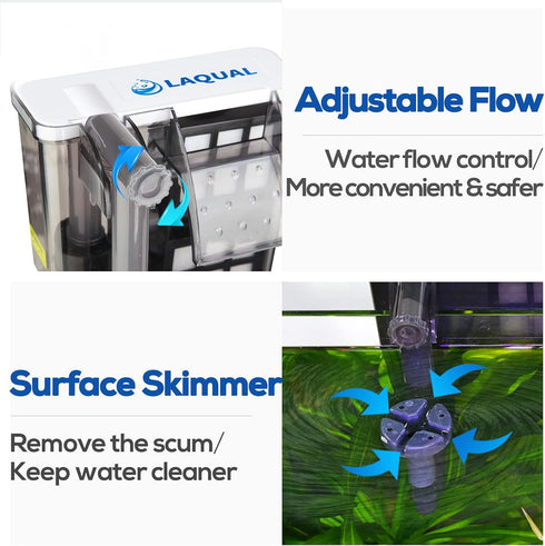 Aquarium Filter with Surface Skimmer, 15-30 Gallon Small Fish Tank Filter, Quiet & Efficient Waterfall Design