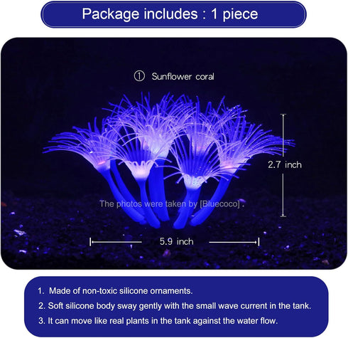 Soft Silica Gel Aquarium Decorations, Glow in The Dark Coral Ornaments for Fish Tank Decorations (Blue, Sunflower)
