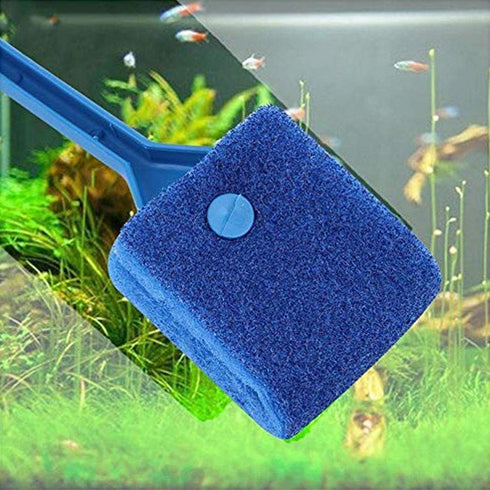 Double-Sided Fish Tank Aquarium Cleaning Sponge Brush with Non-Slip Handle, Blue