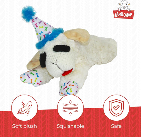 (10.5", 5 Multipet Lamb Chop Dog Plush Toy w/Birthday Hat - Squeaky Toy for All Dogs - Extra Soft Plush - Stuffed