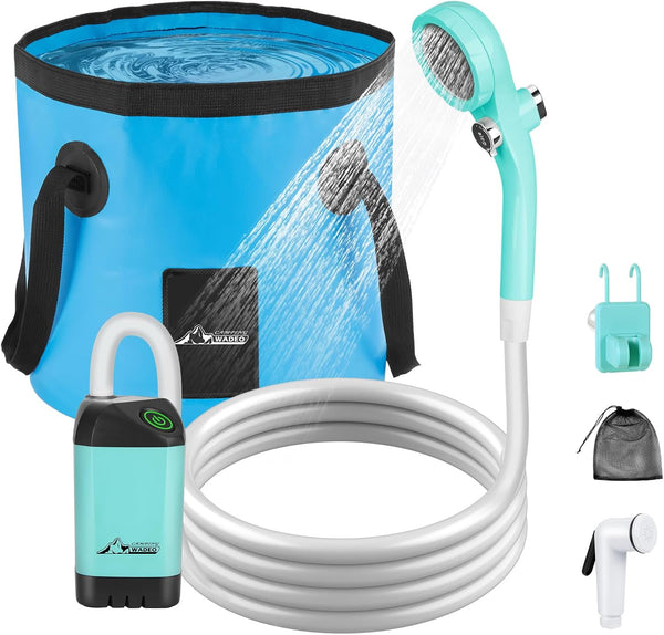 WADEO Portable Camping Shower, Outdoor Electric Rechargeable Pump with 20L Collapsible Bucket