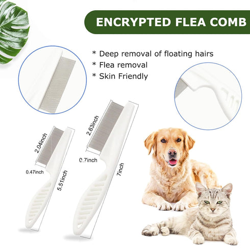 Pet Grooming Brush Kit for Cat and Dog, 4 Pieces Set with Hair Massage Cleaner and 2 Flea Combs for Shedding
