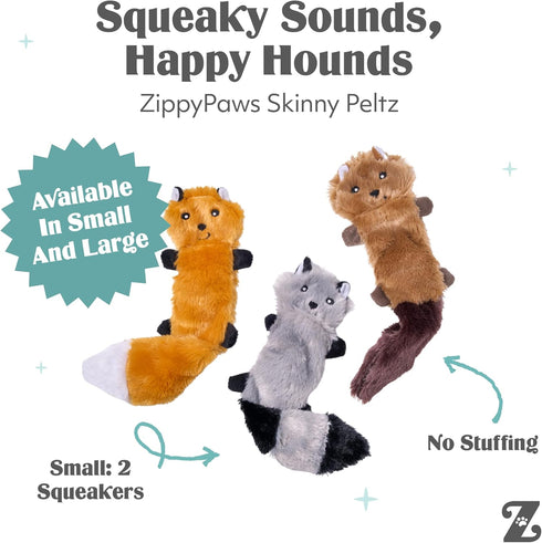 Pack Pack, 11" ZippyPaws Skinny Peltz - No Stuffing Dog Toy to Keep Them Busy, for Small and Medium Dogs, Squeaky Pet