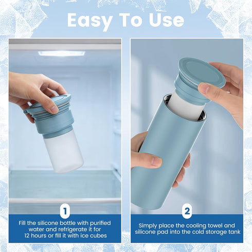 PUREEASE 3-in-1 Commute, COOLING STATION Portable Kit: Insulated Stainless Steel Bottle with Reusable Ice Bag & Cooling