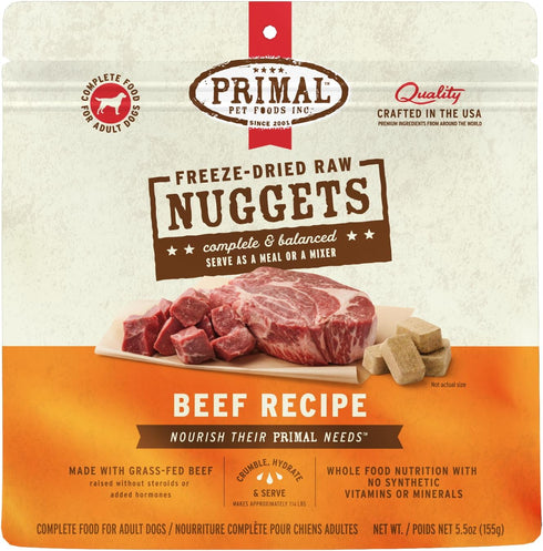 Primal Freeze Dried Raw Dog Food Nuggets, Beef - Complete & Balanced Meal, 5.5 oz, Grain Free, High Protein