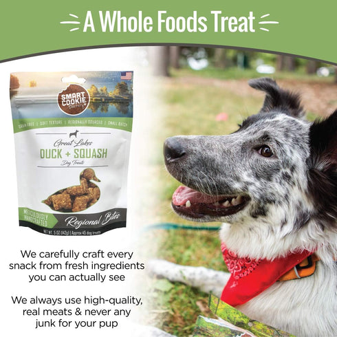 Smart Cookie All Natural Duck & Squash Dog Treats - Grain Free, Chewy, Human-Grade, 5oz Bag for Allergies