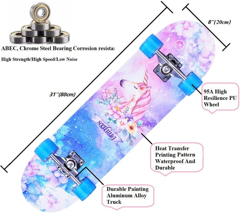 Skateboards for Beginners Kids Boys Girls and Adults, 31''x8'', 7-Layer Maple, Double Kick Concave, Solid & Durable