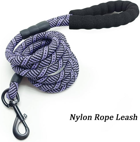 MayPaw Heavy Duty Rope Dog Leash - 3/4/5/6/7/8/10/12/15 FT Nylon Pet Training Leash, Soft Padded Handle, Purple Black