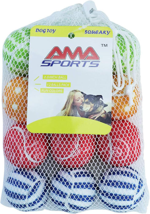 AMA SPORT Dog Squeaky Tennis Balls for New Puppy, Small Dog, Cat, 12 Balls Pack (2.0 Inch)