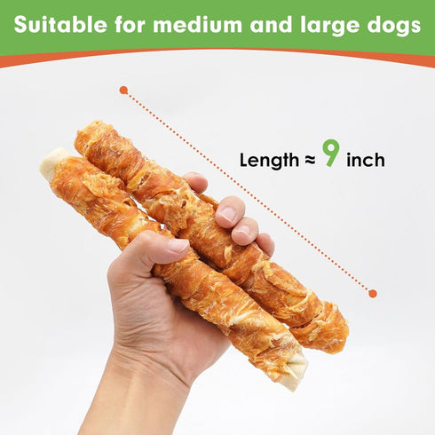 MON2SUN 9 Inch 38.8oz (10 Count-Pack 1) Dog Treats, Chicken Wrapped Rawhide Rolls Snacks, Teeth Cleaning and Long