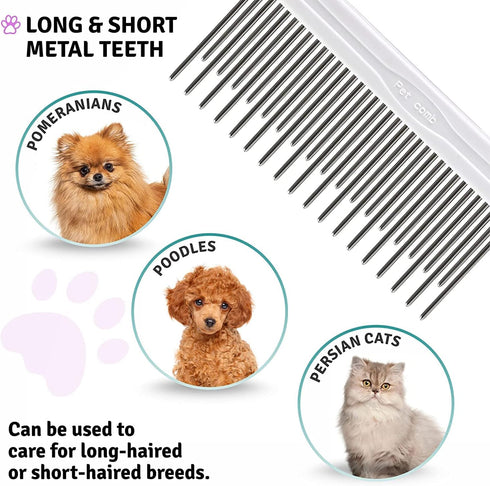 Poodle Pet Detangling Pet Comb - Long & Short Stainless Steel Teeth for Safe & Gentle Grooming