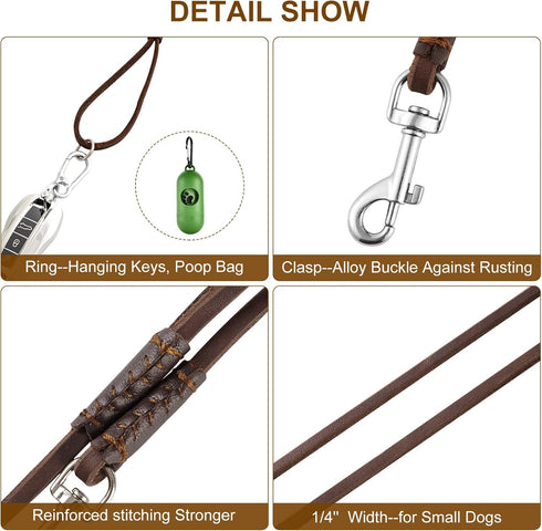 Genuine Leather Dog Leash, 6Ft Super Thin Lightweight Leash for Puppies and Cats Under 15lb