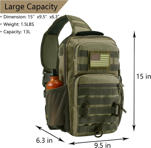 Pack Backpack Rover Sling Tactical Shoulder Sling Bag with Bottle Holder Crossbody Chest Bag, Olive