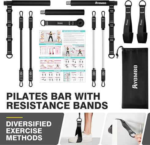 Pilates Bar Kit with Resistance Bands, Adjustable 3-Section Equipment for Home Workouts, Legs, Arms