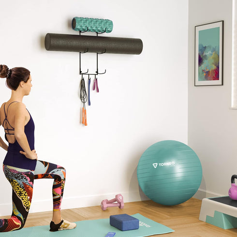 Wallniture Guru Wall Mount Yoga Mat Rack - Foam Roller and Towel Rack with 3 Hooks for Yoga Strap