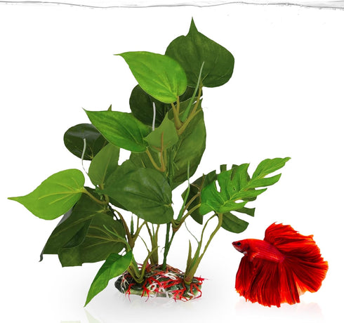 SunGrow Plastic Leaf Plant, Heavy-Duty Ceramic Base, Hiding Spot for Fish and Reptiles, 10 Inches