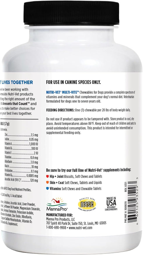 Immune 180 Count Nutri-Vet Multi-Vite Chewables for Adult Dogs, Daily Multivitamin & Mineral Supplement for Overall