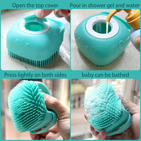 Dog Bath Brush, Pet Massage Shampoo Dispenser, Soft Silicone Rubber Bristle Brush for Dogs and Cats Shower Grooming