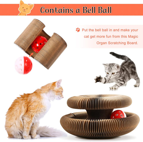 Magic Organ Cat Scratching Board with Toy Bell Ball, Foldable Cat Claw Grinding Pad for Kitty (Black)
