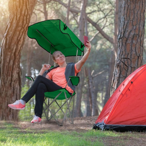 50+ 350LB TeqHome Camping Chair with Canopy, Outdoor Folding Lounge Chair with Adjustable UPF Sun Shade & Cup Holder