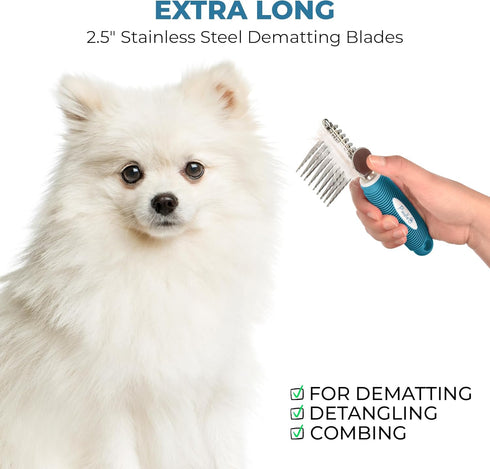 Poodle Pet Dematting Fur Rake Comb - Dog and Cat Comb with Long Steel Safety Blades for Detangling