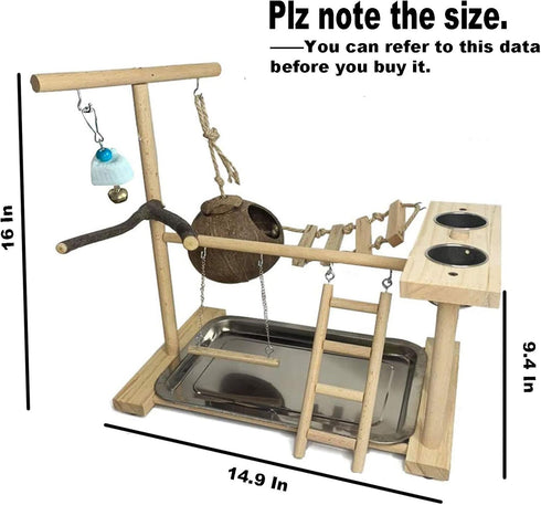 Parrots Playground Bird Play Stand Natural Wood Parrot Perch Gym Playpen Parakeet Nest with Feeder Cups Ladders
