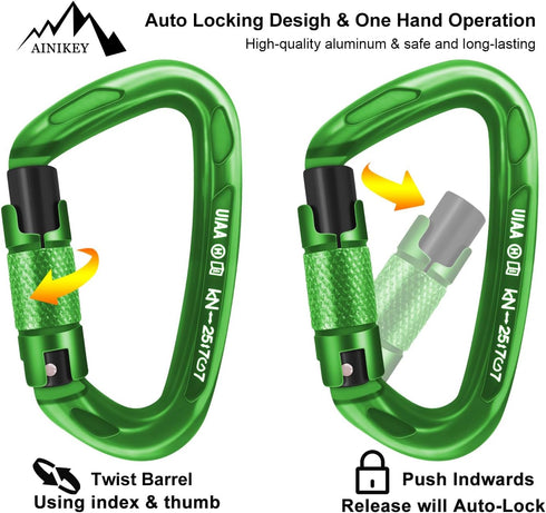 UIAA Certified Heavy Duty Large Locking Carabiner Clips - 25kN Auto Locking for Climbing and Rappelling