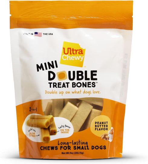 Ultra Chewy Mini Double Treat Bones: Long-Lasting Dog Treats, Peanut Butter and Chicken Flavor, 9oz