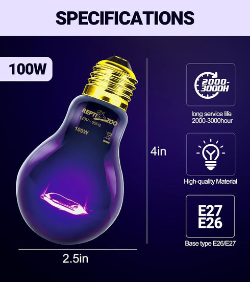 2Pack 100W Bulb E26/E27 REPTI ZOO Reptile Heat Lamp Reptile Night Heat Night Heat Lamp Without UVA for Turtle Bearded
