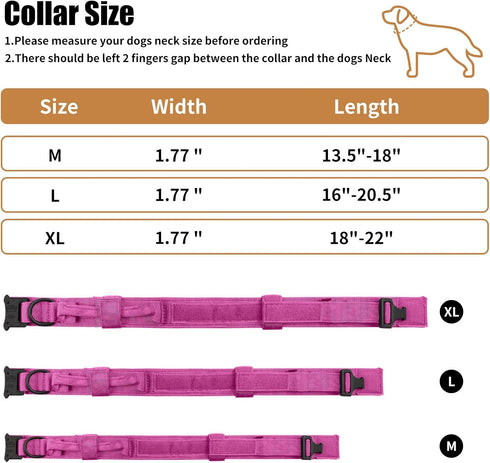 Tactical Dog Collar with Heavy Duty Metal Buckle and Handle for Dog Training, Pink, M