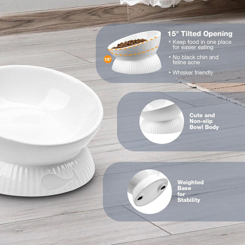 Ceramic Elevated Cat Bowl, Tilted Anti Vomiting Design, Spill-Proof, Dishwasher Safe, Raised Bowls for Indoor Cats,