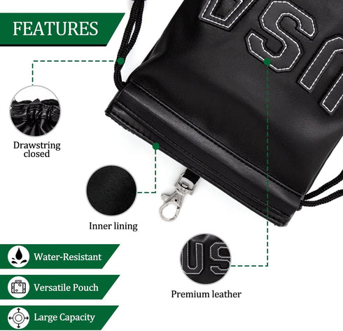 Golf Valuables Pouch, Leather Golf Tee Bag with Drawstrings, Golf Ball Bag for Men and Women