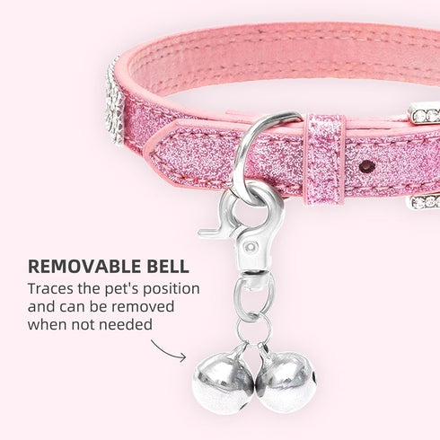 PUPTECK Basic Adjustable Cat Collar with Bling Diamond and Double Bells, for Kitten and Small Puppy, Pink, 10-13 in