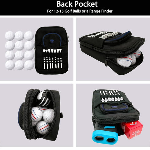 Golf Ball Bag Pouch with Front Tee Holder, Detachable Clip for 12-15 Balls, Zipper Pockets