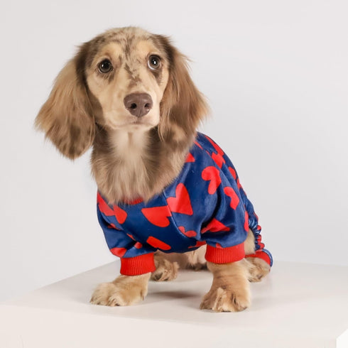 Fitwarm Valentines Day Sweet Hearts Dog Pajamas, Dog Winter Clothes for Small Dogs Girl Boy, Lightweight Velvet Pet Jumpsuit, Cat Onesie, Dark Blue, Red, Medium