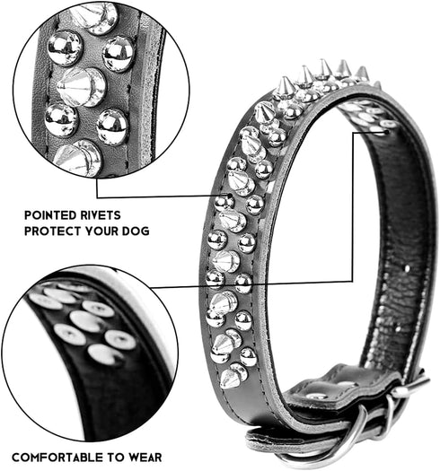 Adjustable Genuine Leather Spiked Studded Dog Collars for Small Medium Large Pets, Pit Bull Bulldog Pugs Husky (L,
