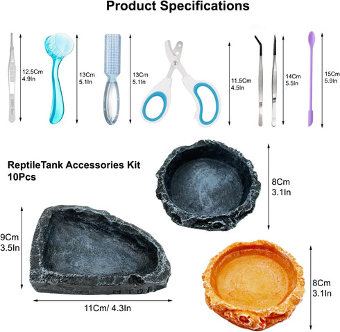 Enochainchin 10pcs Set Bearded Dragon Tank Accessories Kit Reptile Water Food Bowl, Feeding Tongs with Rubber Tip