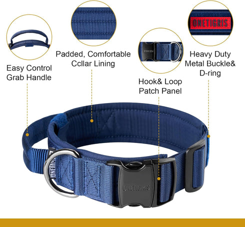 Tough Dog Collars, Tactical Adjustable Dog Collar with Handle, Heavy Duty Metal Buckle for Training, Medium, Blue